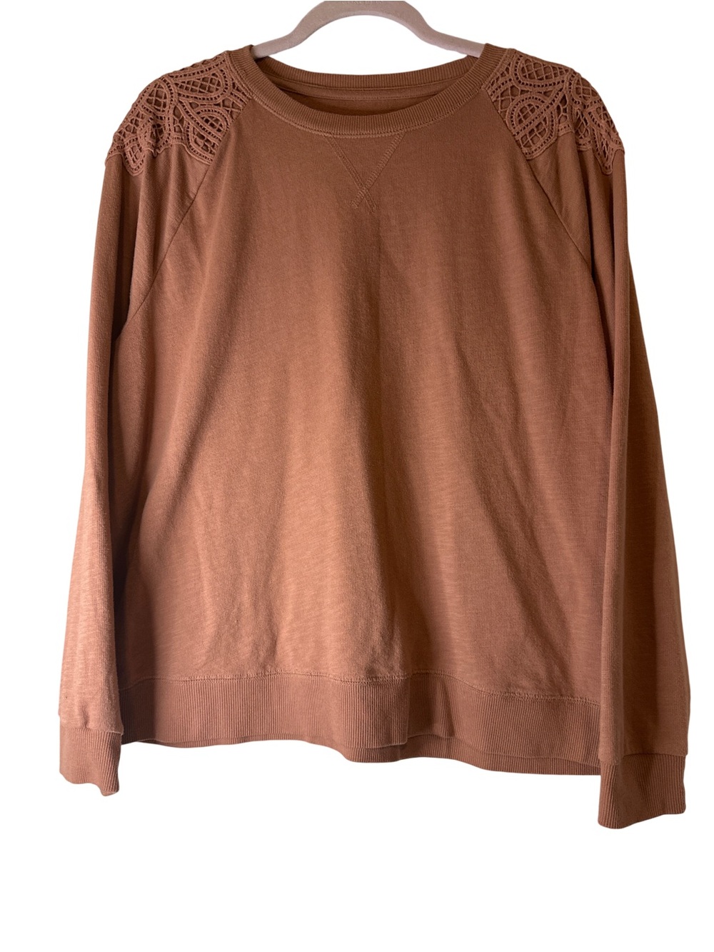 Sonoma Crochet-Trim Pullover Sweatshirt in Rust, size PXL